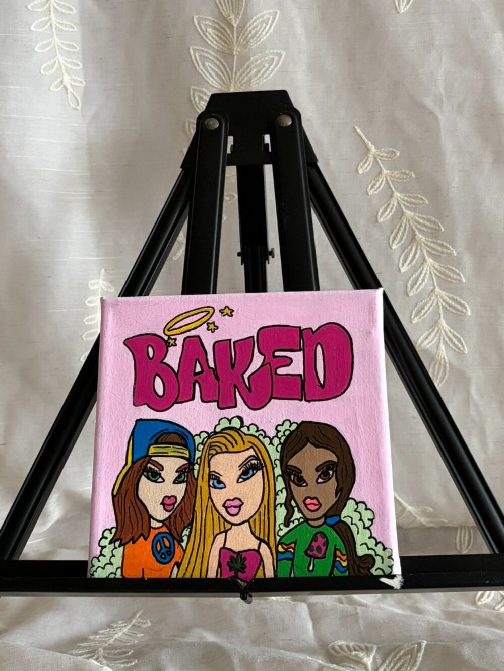 Hand Painted Baked Girls Retro Acrylic Canvas 7x7